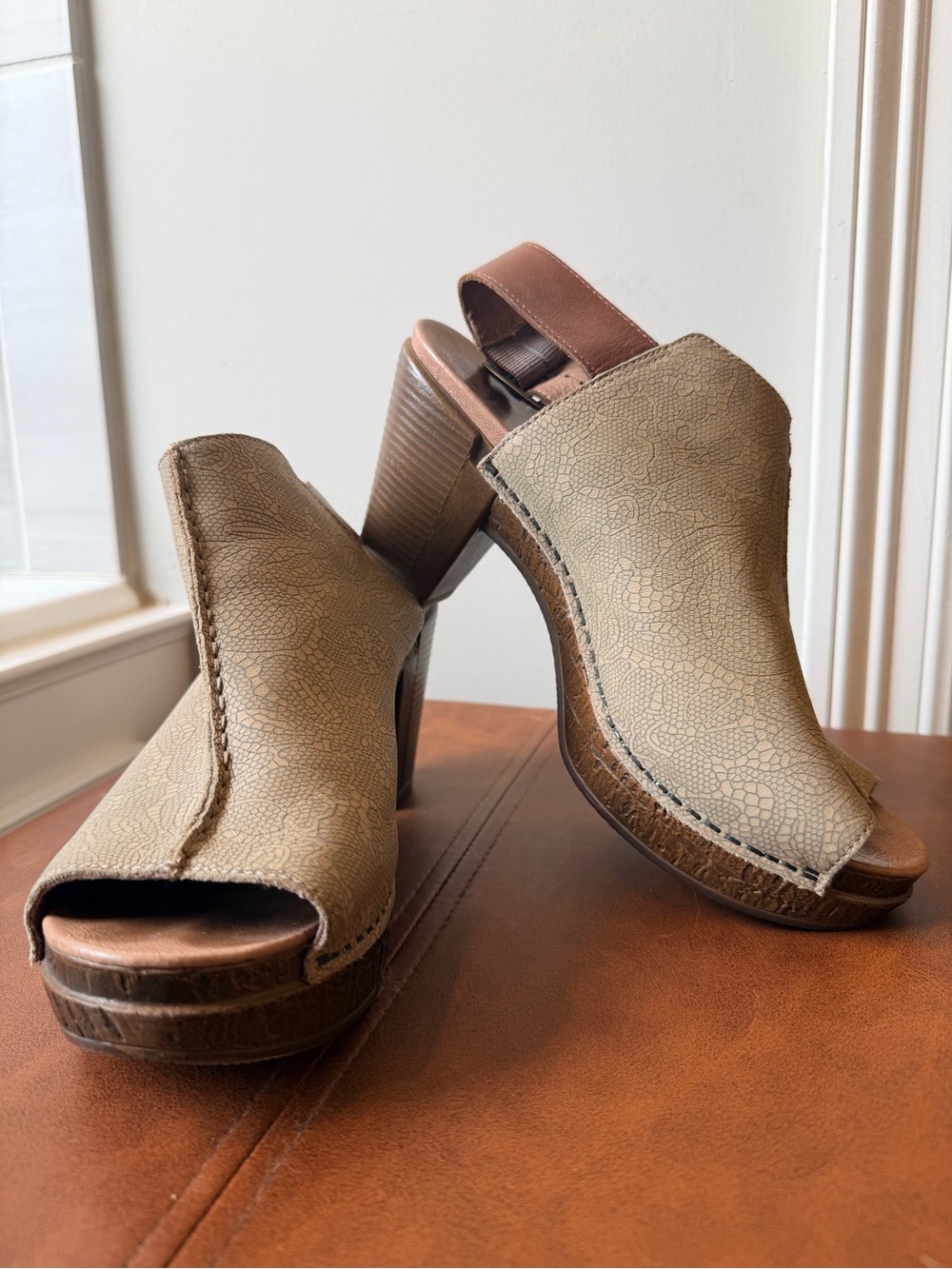 Dansko Taupe Brown Open-Toe Platform Slingback Wedges
